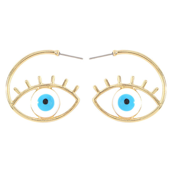 Picture of Hoop Earrings Gold Plated White & Blue Enamel C Shape Evil Eye 35mm x 35mm, 1 Pair
