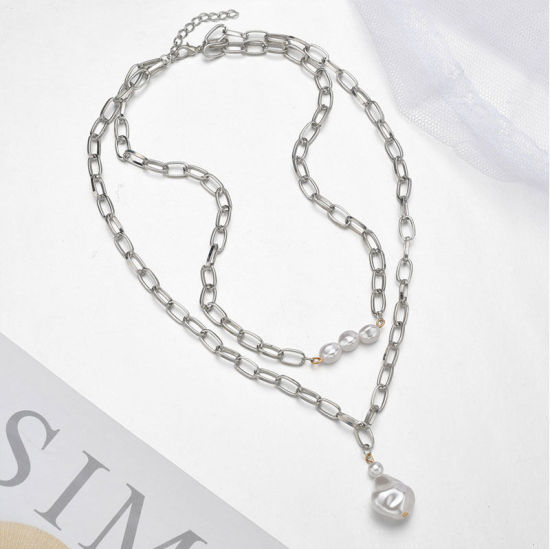Picture of Multilayer Layered Paperclip Chains Necklace Silver Tone White Imitation Pearl 44cm(17 3/8") long, 1 Piece