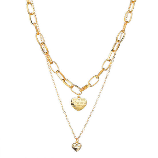 Picture of Multilayer Layered Paperclip Chains Necklace Gold Plated Heart Message " Love You " 41.5cm(16 3/8") long, 1 Piece
