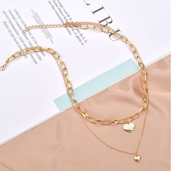 Picture of Multilayer Layered Paperclip Chains Necklace Gold Plated Heart Message " Love You " 41.5cm(16 3/8") long, 1 Piece