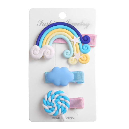 Picture of Polymer Clay Hair Clips Rainbow Multicolor Lollipop 59mm x 39mm - 36mm, ( 3PCs/Set) 1 Set
