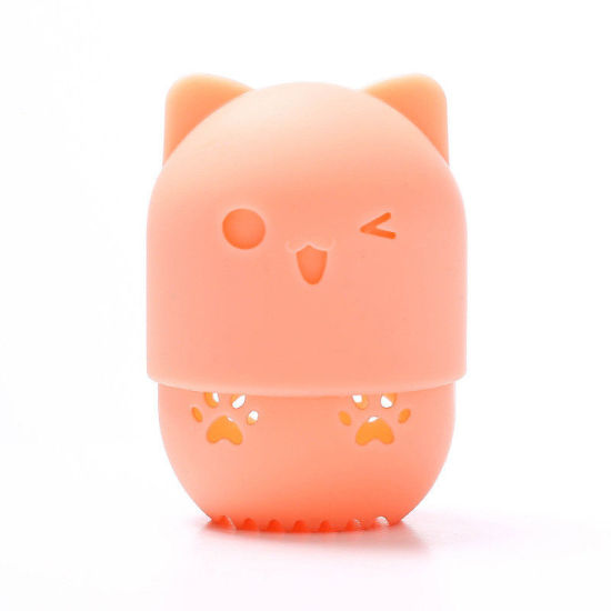 Picture of Silicone Beauty Egg Storage Box Oval Cat Orange 9cm x 7.5cm, 1 Piece