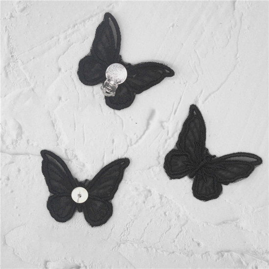 Picture of Lace Ear Post Stud Earrings Black Butterfly Animal 45mm x 34mm, 1 Piece