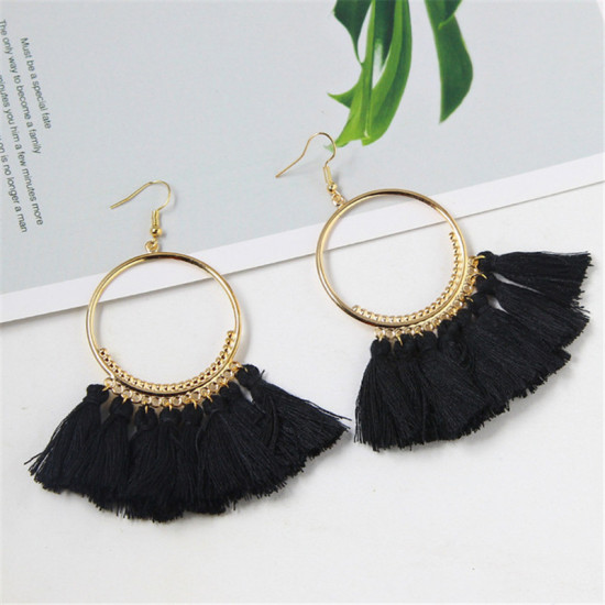 Picture of Tassel Earrings Gold Plated Black Circle Ring 10cm x 4cm, 1 Pair