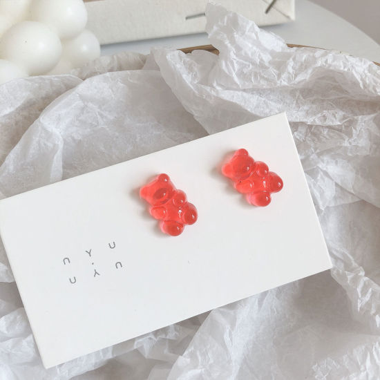 Picture of Plastic Ear Post Stud Earrings Red Jelly Bear Animal 1 Pair