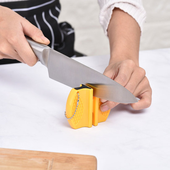 Изображение ABS Yellow Mini Multifunctional Double Household Quick Knife Sharpener Portable Outdoor 1 Piece