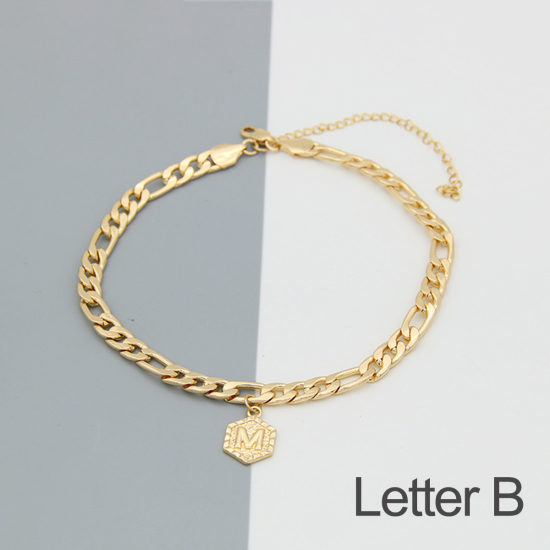 Picture of Copper Anklet Gold Plated Hexagon Initial Alphabet/ Capital Letter Message " B " Plating 24cm(9 4/8") long, 1 Piece
