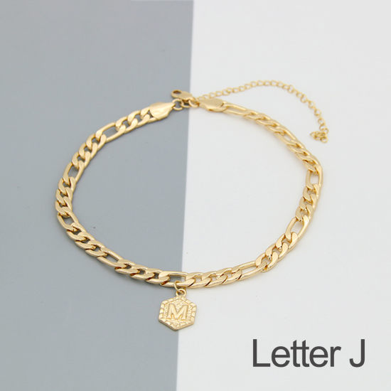 Picture of Copper Anklet Gold Plated Hexagon Initial Alphabet/ Capital Letter Message " J " Plating 24cm(9 4/8") long, 1 Piece