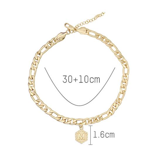 Picture of Copper Anklet Gold Plated Hexagon Initial Alphabet/ Capital Letter Message " M " Plating 24cm(9 4/8") long, 1 Piece