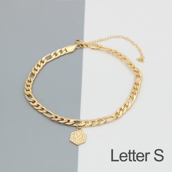 Picture of Copper Anklet Gold Plated Hexagon Initial Alphabet/ Capital Letter Message " S " Plating 24cm(9 4/8") long, 1 Piece