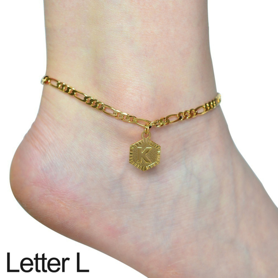 Picture of Anklet Gold Plated Hexagon Initial Alphabet/ Capital Letter Message " L " 21cm(8 2/8") long, 1 Piece