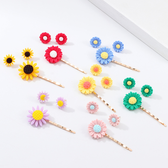 Picture of Hair Accessories Earrings Set Blue Daisy Flower 12mm Dia., 60mm x 23mm, 1 Set