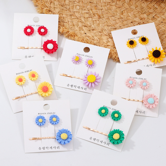 Picture of Hair Accessories Earrings Set Blue Daisy Flower 12mm Dia., 60mm x 23mm, 1 Set