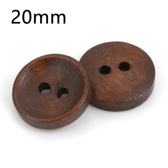 Bild von Natürliches Holz Knöpfe für Aufnähen Scrapbooking Zwei Löcher Rund Kaffeebraun 20mm D., 100 Stück