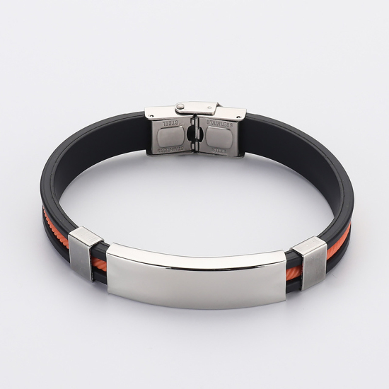 Picture of Silicone & Titanium Steel Blank Stamping Tags Bangles Bracelets Silver Tone Black & Orange One-sided Polishing 21.5cm(8 4/8") long, 1 Piece