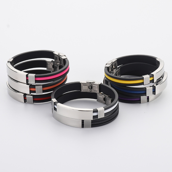 Picture of Silicone & Titanium Steel Blank Stamping Tags Bangles Bracelets Silver Tone Black & Orange One-sided Polishing 21.5cm(8 4/8") long, 1 Piece