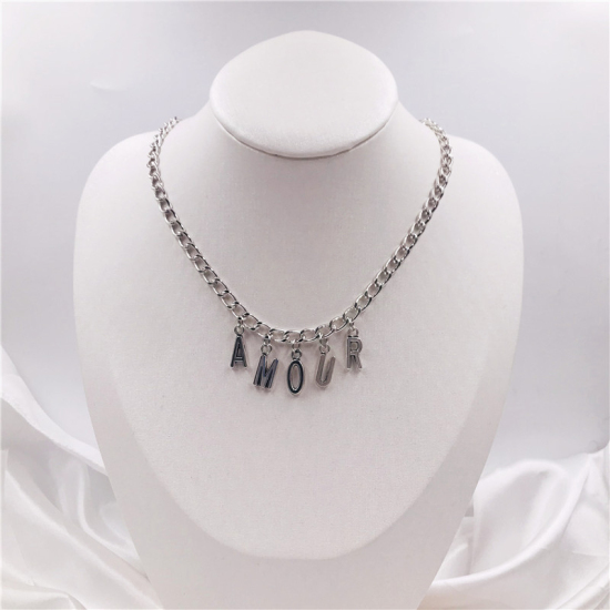 Picture of Necklace Silver Tone Message " Amour " 37cm(14 5/8") long, 1 Piece