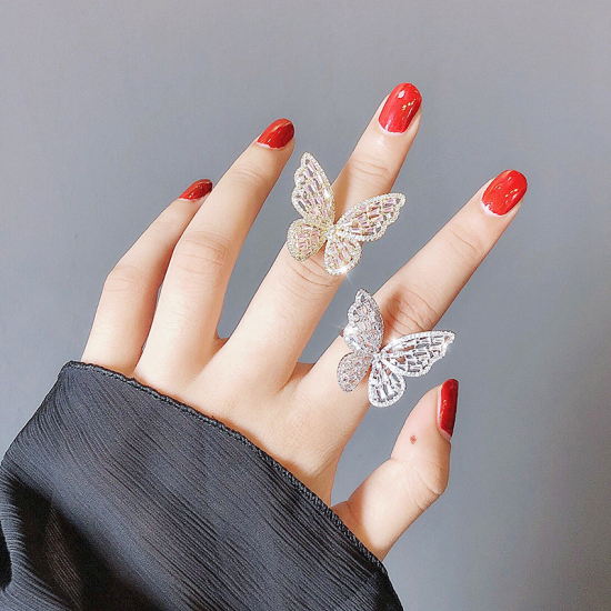 Picture of Copper Open Rings Platinum Color Butterfly Animal Clear Rhinestone 1 Piece