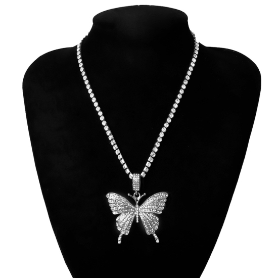 Picture of Copper Tennis Chain Necklace Silver Tone Butterfly Animal Clear Rhinestone 41cm(16 1/8") long, 1 Piece