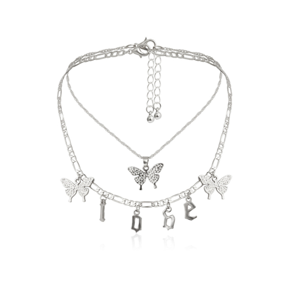 Bild von Kupfer Halskette Silberfarbe Schmetterling Message " LOVE " 35cm lang, 1 Set ( 2 Stück/Set)
