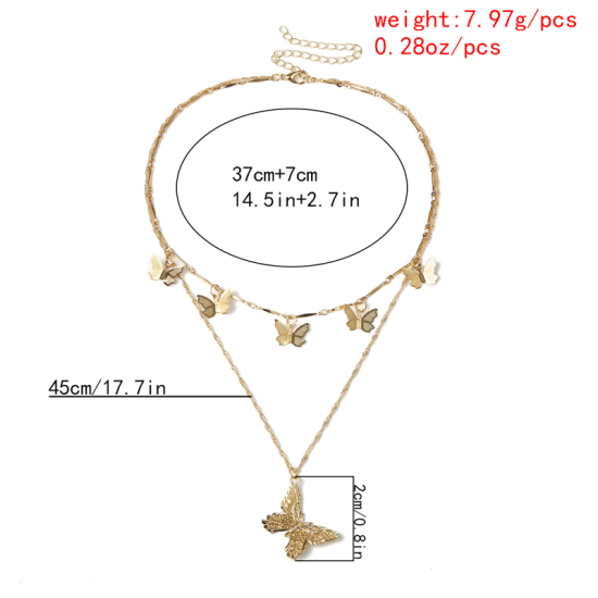 Bild von Kupfer Mehrschichtige Halskette Vergoldet Schmetterling 37cm lang, 1 Strang