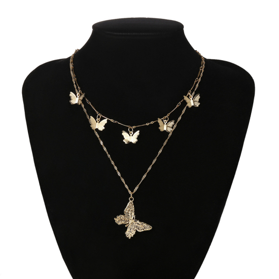 Bild von Kupfer Mehrschichtige Halskette Vergoldet Schmetterling 37cm lang, 1 Strang