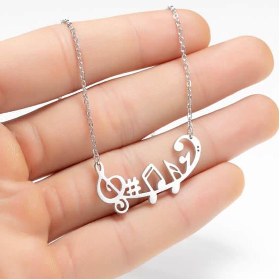 Image de Colliers en Acier Inoxydable Argent Mat Note Musicale 45cm Long, 1 Pièce