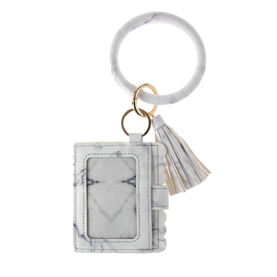 Bild von Weiß & Grau - Lantintop Multifunktionaler Armreif Schlüsselring Kartenhalter PU Leder runder Schlüsselbund mit passender Wristlet Brieftasche für Frauen