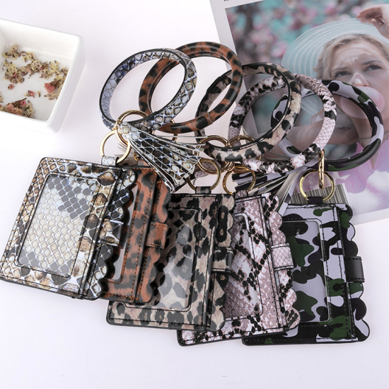 Bild von Weiß & Grau - Lantintop Multifunktionaler Armreif Schlüsselring Kartenhalter PU Leder runder Schlüsselbund mit passender Wristlet Brieftasche für Frauen