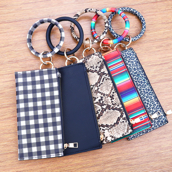 Picture of Black - PU Wallet Bracelets Key Ring Slim Cash Smart Phone Zipper Key Bag Double-sided Printing Smallsized Clutch for Girl