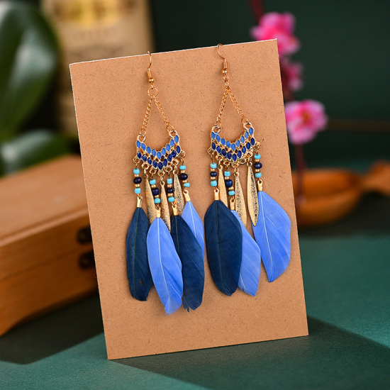 Picture of Boho Chic Bohemia Beaded Earrings Blue Tassel Feather 13.5cm x 2.8cm, 1 Pair