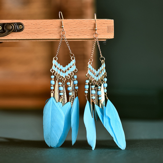 Picture of Boho Chic Bohemia Beaded Earrings Light Blue Tassel Feather 13.5cm x 2.8cm, 1 Pair
