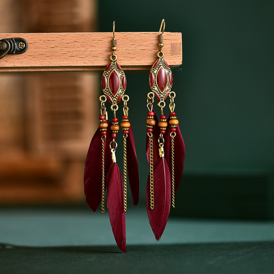 Picture of Boho Chic Bohemia Tassel Earrings Wine Red Tassel Feather Enamel 12.2cm x 1.4cm, 1 Pair