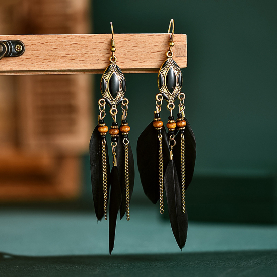 Picture of Boho Chic Bohemia Tassel Earrings Black Tassel Feather Enamel 12.2cm x 1.4cm, 1 Pair