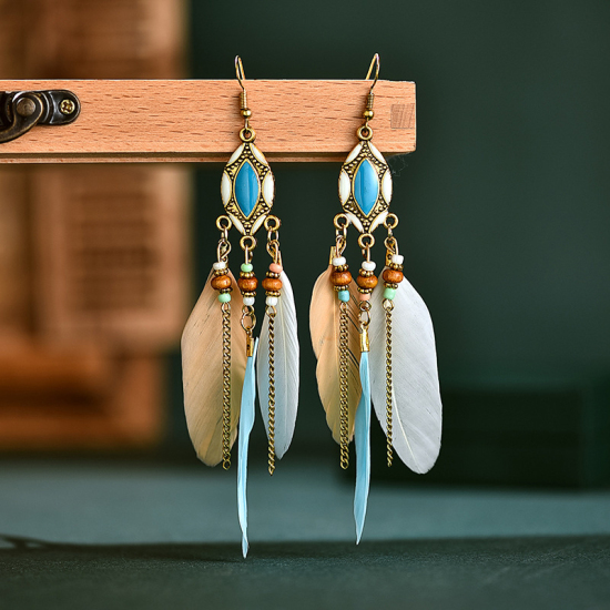 Picture of Boho Chic Bohemia Tassel Earrings Multicolor Tassel Feather Enamel 12.2cm x 1.4cm, 1 Pair