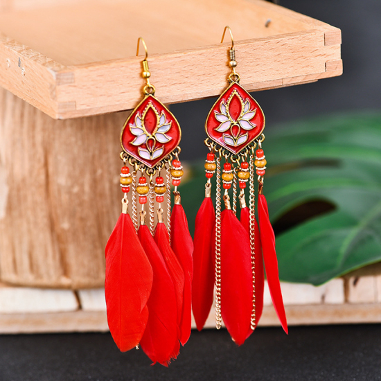 Picture of Boho Chic Bohemia Tassel Earrings Red Tassel Feather Enamel 12cm, 1 Pair