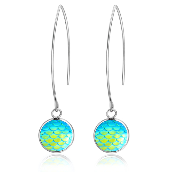 Picture of Stainless Steel Earrings Silver Tone Green Round Fish Scale 58mm, 1 Pair