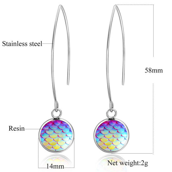 Picture of Stainless Steel Earrings Silver Tone Multicolor Round Fish Scale 58mm, 1 Pair