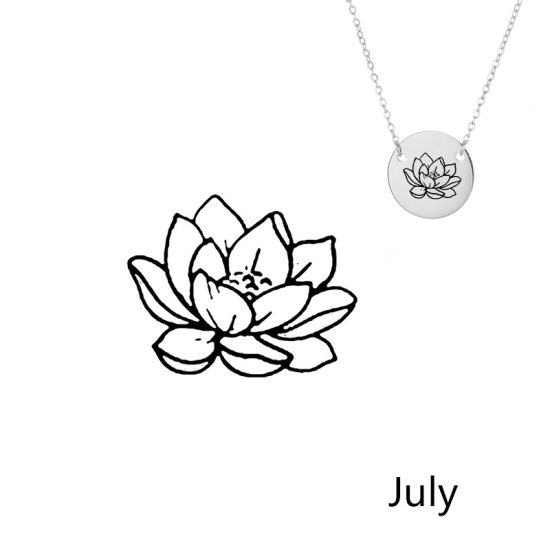 Image de Colliers en 316L Acier Inoxydable Fleur de Mois de Naissance Argent Mat juillet Fleur de Lotus 42cm Long, 1 Pièce