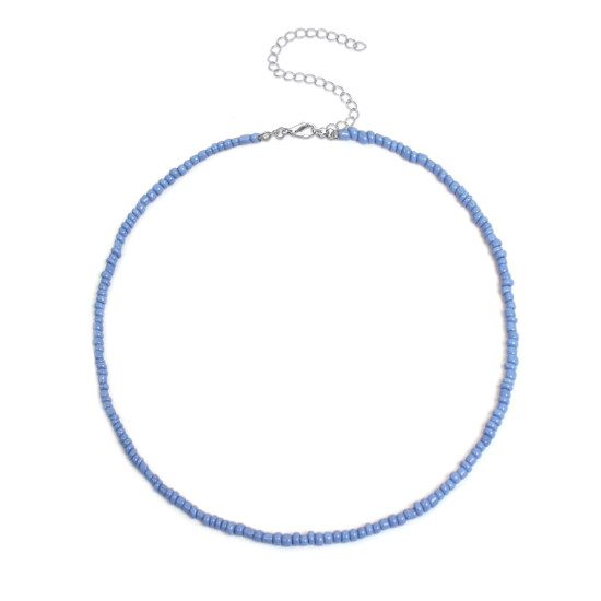 Picture of Glass Boho Chic Bohemia Choker Necklace Blue Handmade 38cm(15") long, 1 Piece