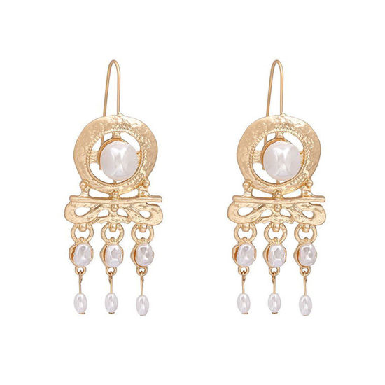 Picture of Baroque Earrings Gold Plated White Tassel Imitation Pearl 10cm - 5cm, 1 Pair