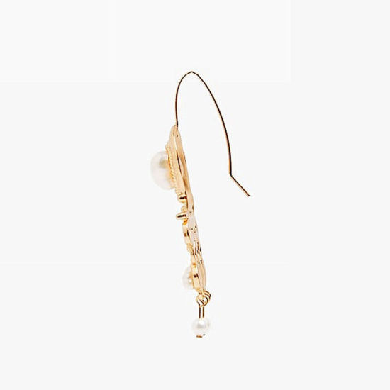 Picture of Baroque Earrings Gold Plated White Tassel Imitation Pearl 10cm - 5cm, 1 Pair