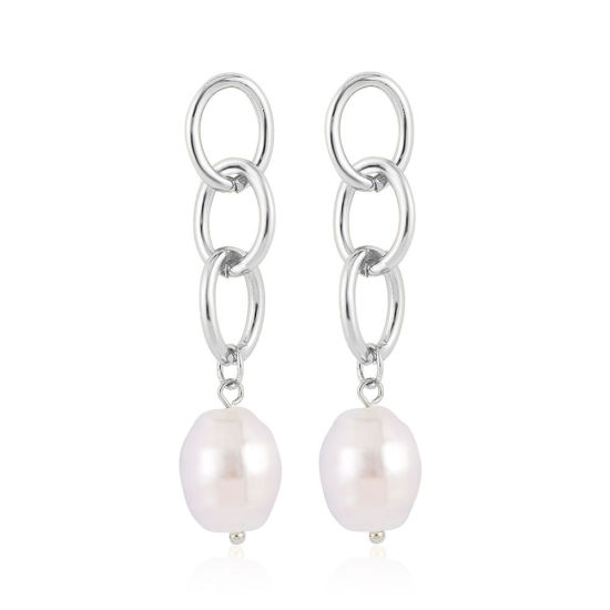Picture of Link Chain Earrings Silver Tone White Baroque Imitation Pearl 7cm - 5cm, 1 Pair