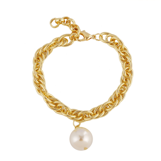 Bild von Barock Dicke Ketten Armband Vergoldet Weiß Rund Imitat Perle 22.5cm lang, 1 Strang