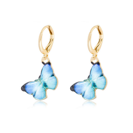 Picture of Hoop Earrings Gold Plated Blue Butterfly Animal Enamel 33mm x 13mm, 1 Pair