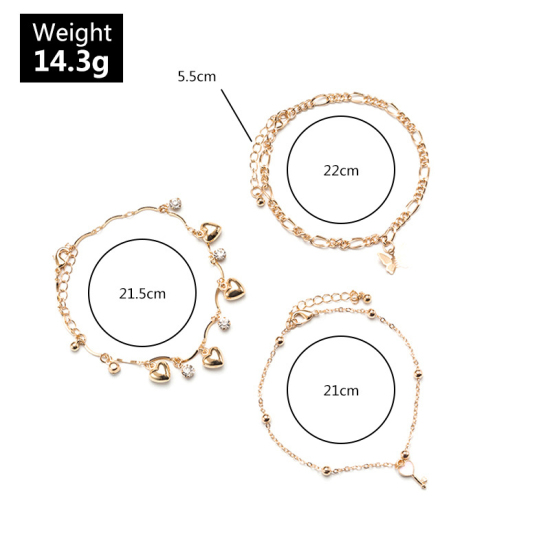 Picture of Anklet Gold Plated Heart Butterfly Clear Cubic Zirconia 22cm(8 5/8") - 21cm(8 2/8") long, 1 Set ( 3 PCs/Set)