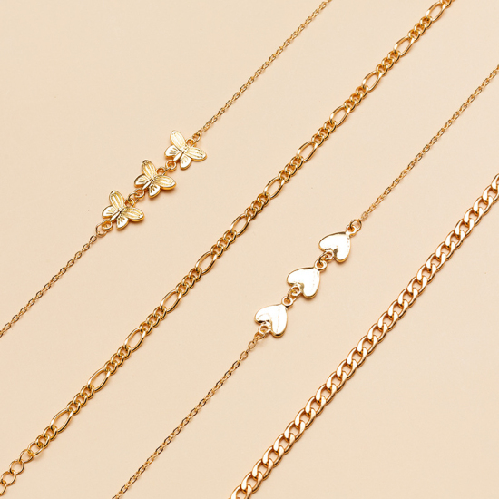 Picture of Anklet Gold Plated Heart Butterfly 22cm(8 5/8") - 21cm(8 2/8") long, 1 Set ( 4 PCs/Set)