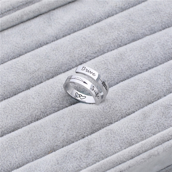 Picture of Titanium Steel Open Adjustable Rings Silver Tone Heart " Drive Safe " Multilayer 18.9mm(US Size 9), 1 Piece
