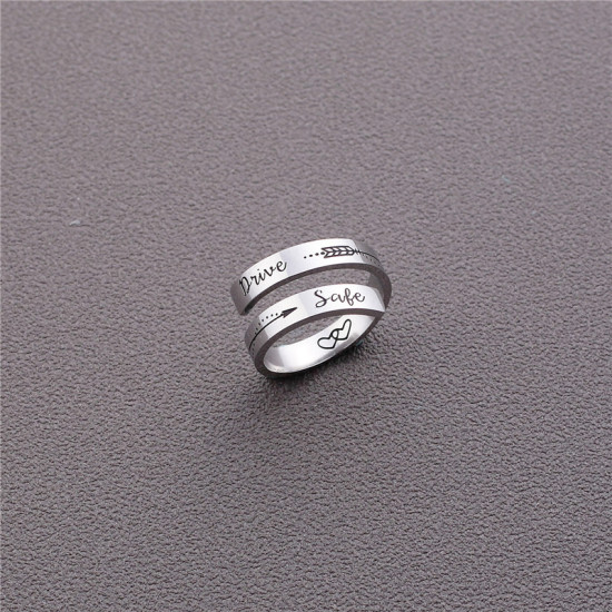 Picture of Titanium Steel Open Adjustable Rings Silver Tone Heart " Drive Safe " Multilayer 18.9mm(US Size 9), 1 Piece