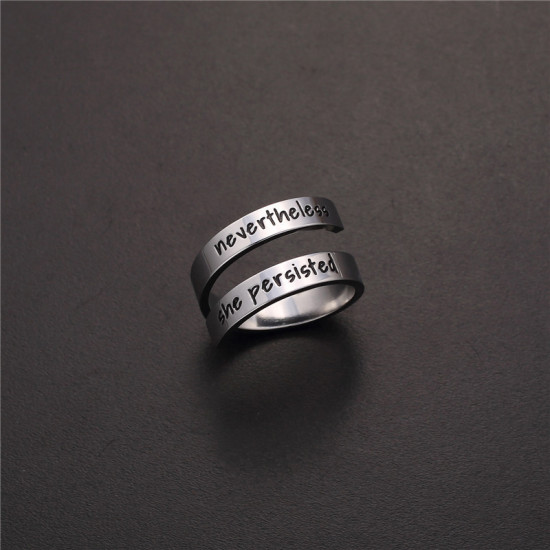 Picture of Titanium Steel Open Adjustable Rings Silver Tone " Nevertheless she persisted " Multilayer 18.9mm(US Size 9), 1 Piece